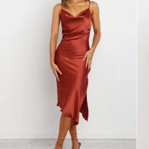 Petal & Pup Rust Cypress Draped Cowl Silky Satin Side Slit Midi Slip Dress 2US - Picture 1 of 8